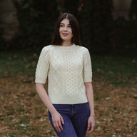 Women's Aran Sweater with Short Sleeves White Lifestyle Creative Irish Gift.