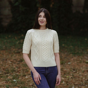 Women's Aran Sweater with Short Sleeves White Lifestyle Creative Irish Gift.
