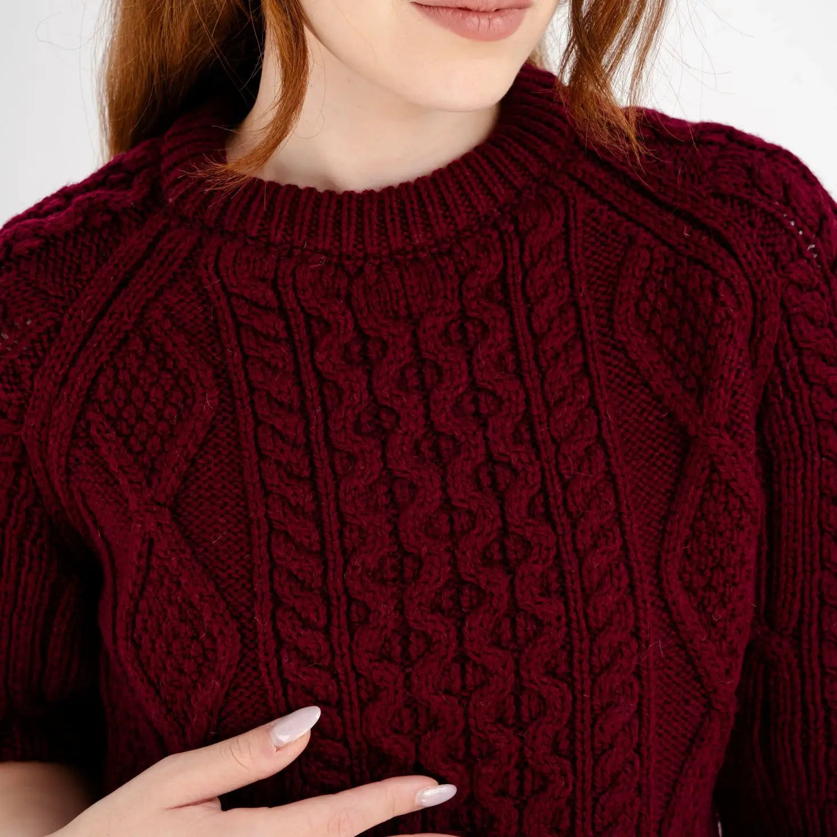 ML151-108 Women's Aran Sweater with Short Sleeves Close Up Creative Irish Gifts
