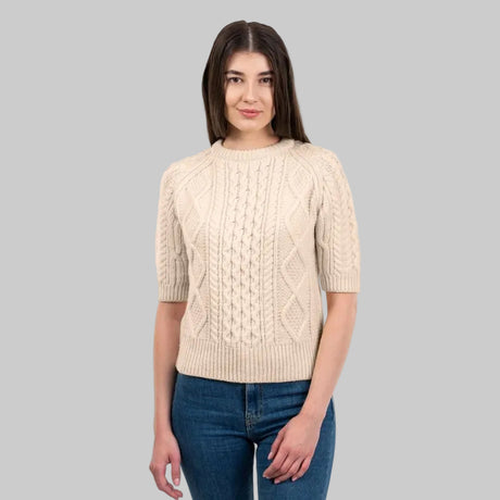 Women's Aran Sweater with Short Sleeves Parsnip Creative Irish Gift.