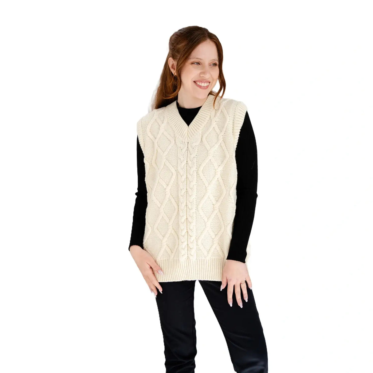 ML153-100 Women's V-Neck Aran Cable Vest, Natural Creative Irish Gifts
