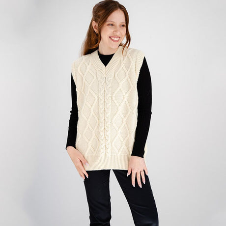 Women's V-Neck Aran Cable Vest  White Front View Creative Irish Gifts