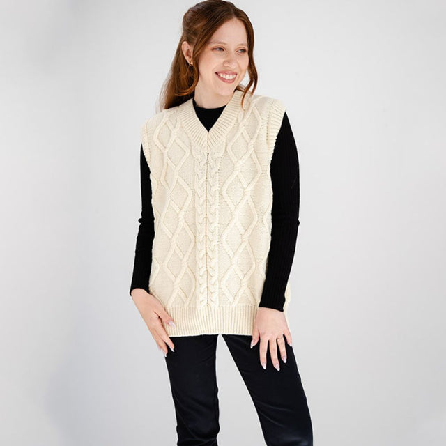 Women's V-Neck Aran Cable Vest  White Front View Creative Irish Gifts