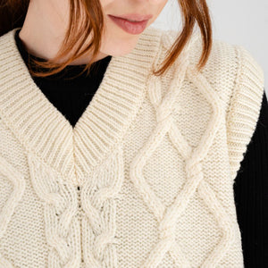 Women's V-Neck Aran Cable Vest  White Creative Irish Gifts