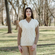Women's V-Neck Aran Cable Vest  White Lifestyle Creative Irish Gifts