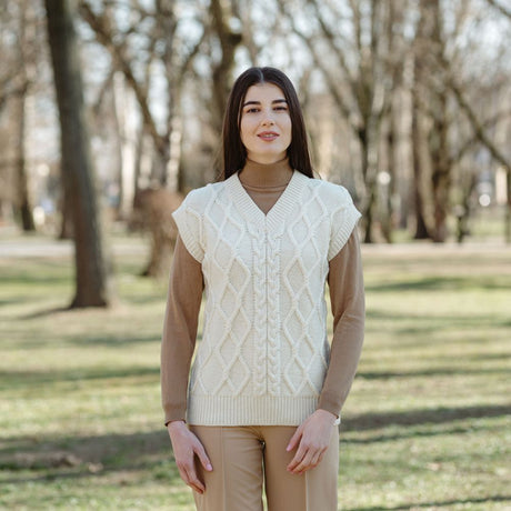 Women's V-Neck Aran Cable Vest  White Lifestyle Creative Irish Gifts
