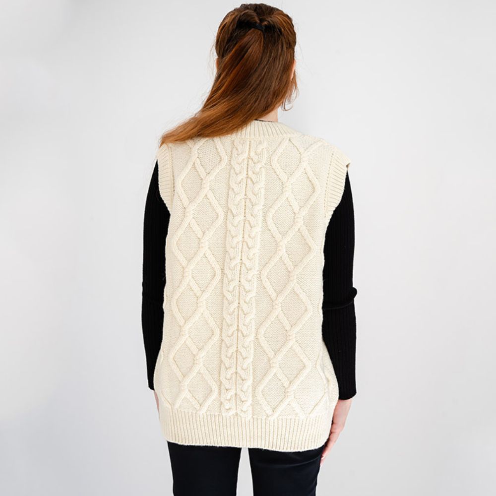 Women's V-Neck Aran Cable Vest  White Back View Creative Irish Gifts