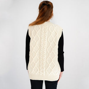 Women's V-Neck Aran Cable Vest  White Back View Creative Irish Gifts