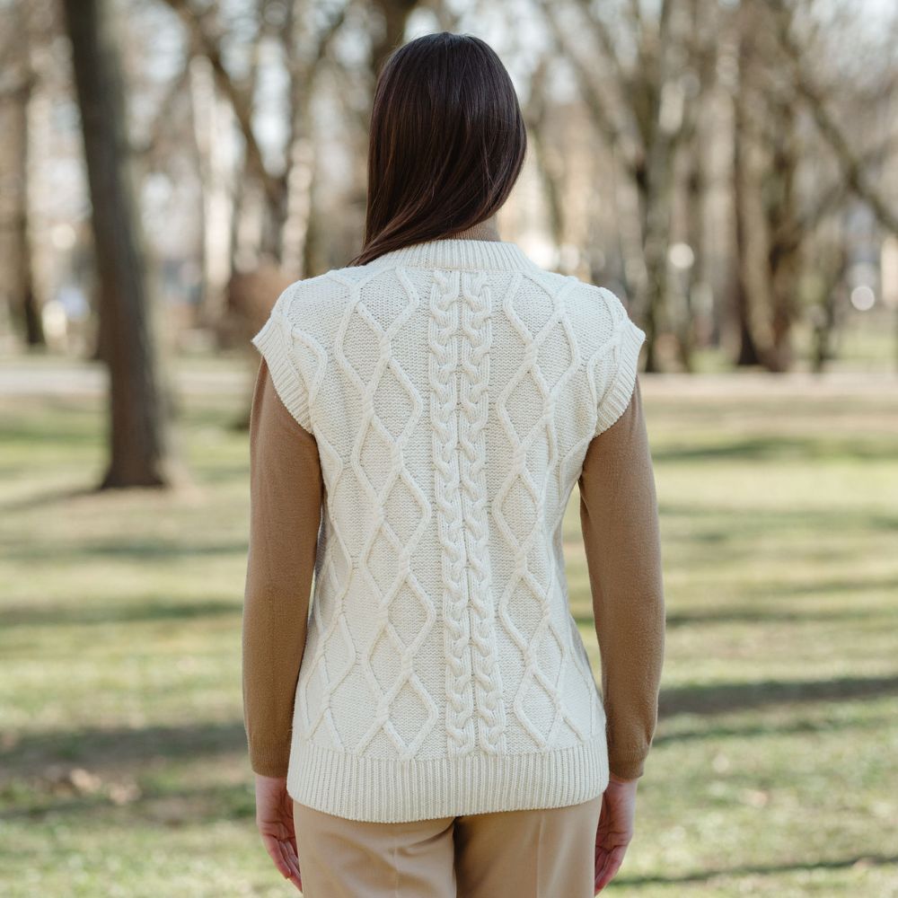 Women's V-Neck Aran Cable Vest  White Lifestyle Back View Creative Irish Gifts