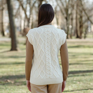 Women's V-Neck Aran Cable Vest  White Lifestyle Back View Creative Irish Gifts