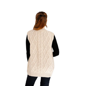 ML153-109 Women's V-Neck Aran Cable Vest, Parsnip Back View  Creative Irish Gifts
