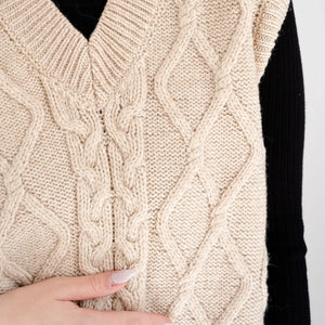 ML153-109 Women's V-Neck Aran Cable Vest, Parsnip Close Up Creative Irish Gifts
