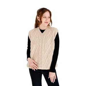 ML153-109 Women's V-Neck Aran Cable Vest, Parsnip Creative Irish Gifts
