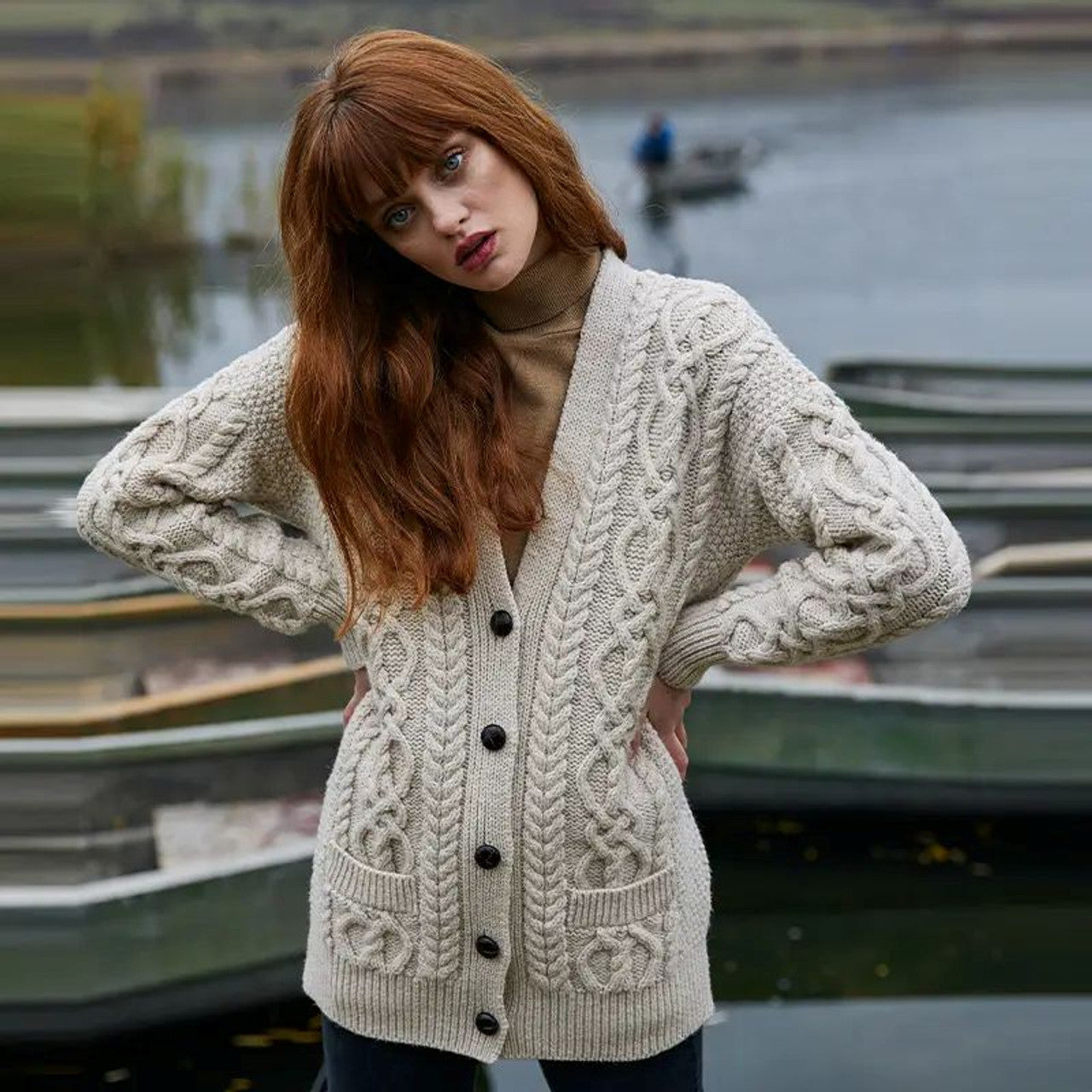Ladies Merino Wool Irish V-Neck Cardigan, Parsnip | Fast US Shipping