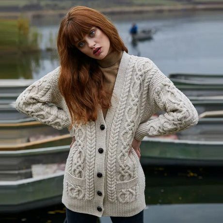 ML156-101 Ladies Merino Wool Irish V-Neck Cardigan, Charcoal Creative Irish gift