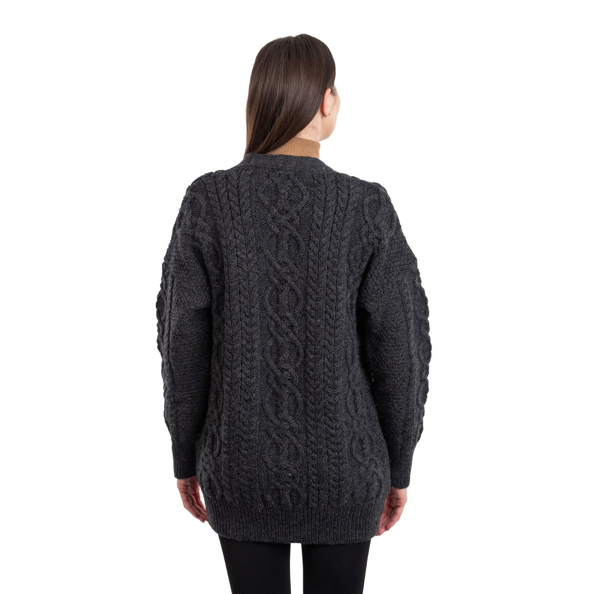 ML156-101 Ladies Merino Wool Irish V-Neck Cardigan, Charcoal Back Creative Irish gift