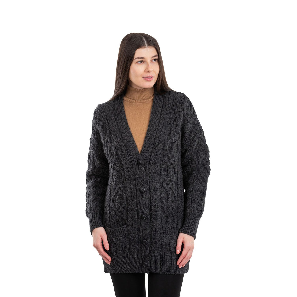 ML156-101 Ladies Merino Wool Irish V-Neck Cardigan, Charcoal Creative Irish gift.