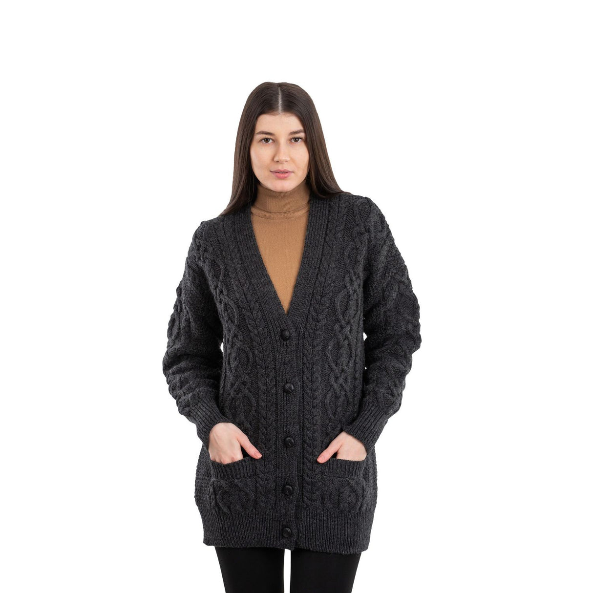 ML156-101 Ladies Merino Wool Irish V-Neck Cardigan, Charcoal Front Creative Irish gift