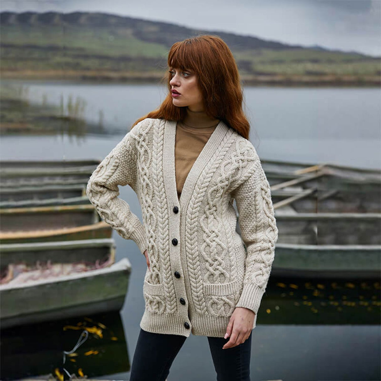 ML156-101 Ladies Merino Wool Irish V-Neck Cardigan, Charcoal Creative Irish gift