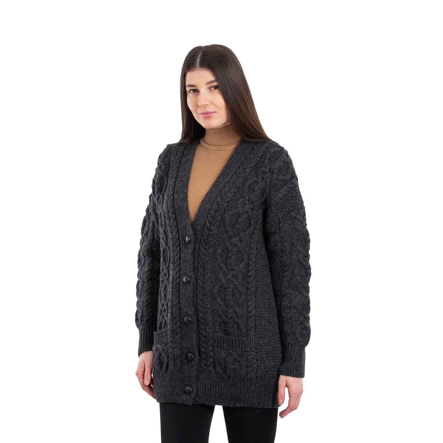 Ladies Merino Wool Irish V-Neck Cardigan, Charcoal | Fast US Shipping