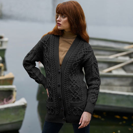 Ladies Merino Wool V-Neck Aran Charcoal Lifestyle Cardigan Creative Irish Gifts