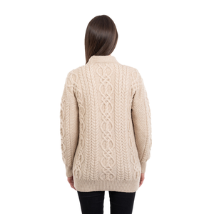 ML156-109 Ladies Merino Wool Irish V-Neck Cardigan, Parsnip Back View Creative Irish Gifts
