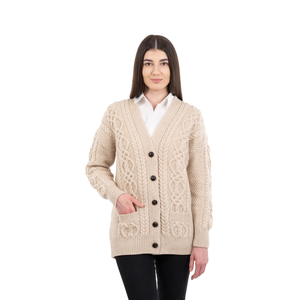 ML156-109 Ladies Merino Wool Irish V-Neck Cardigan, Parsnip Creative Irish Gifts
