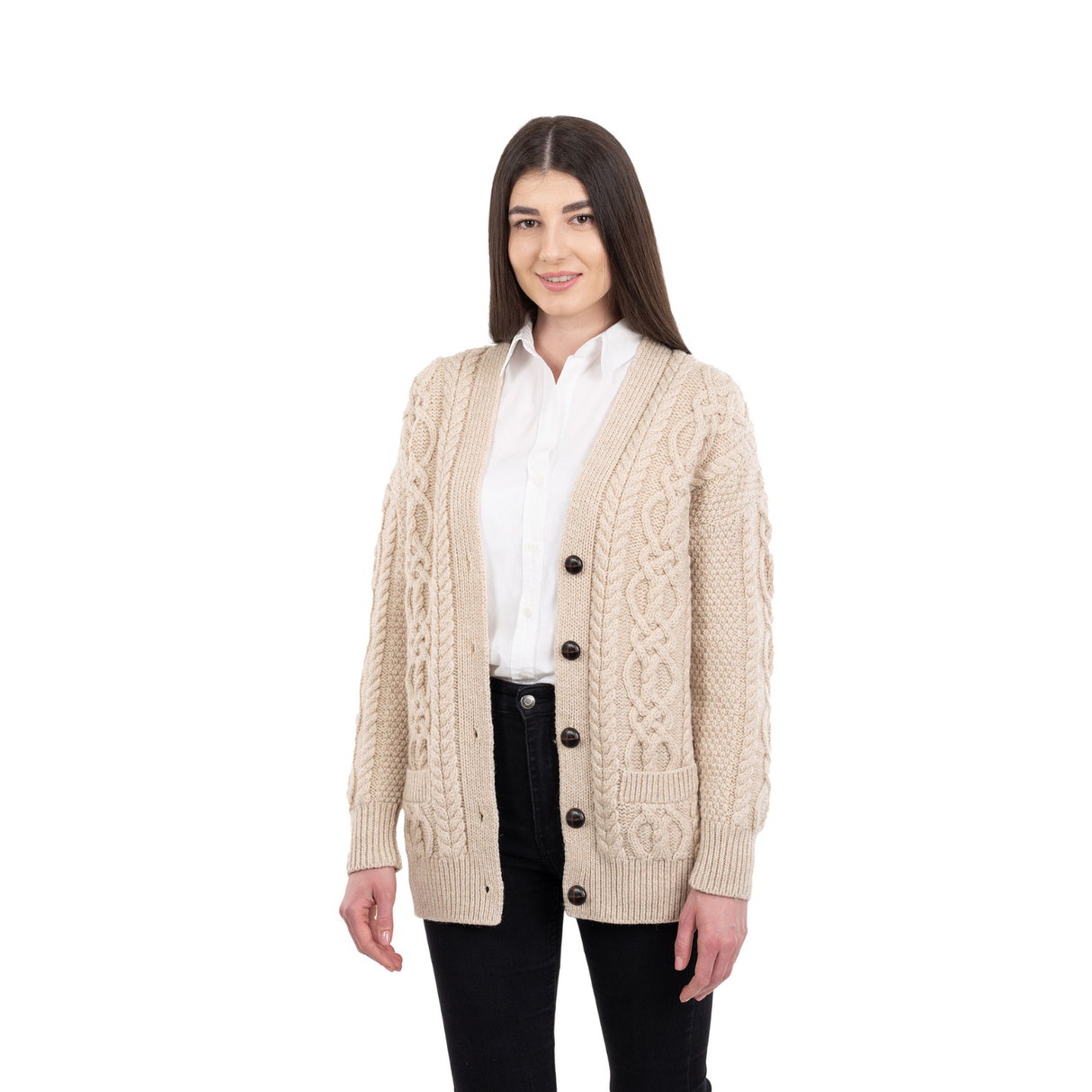 ML156-109 Ladies Merino Wool Irish V-Neck Cardigan, Parsnip Creative Irish Gifts
