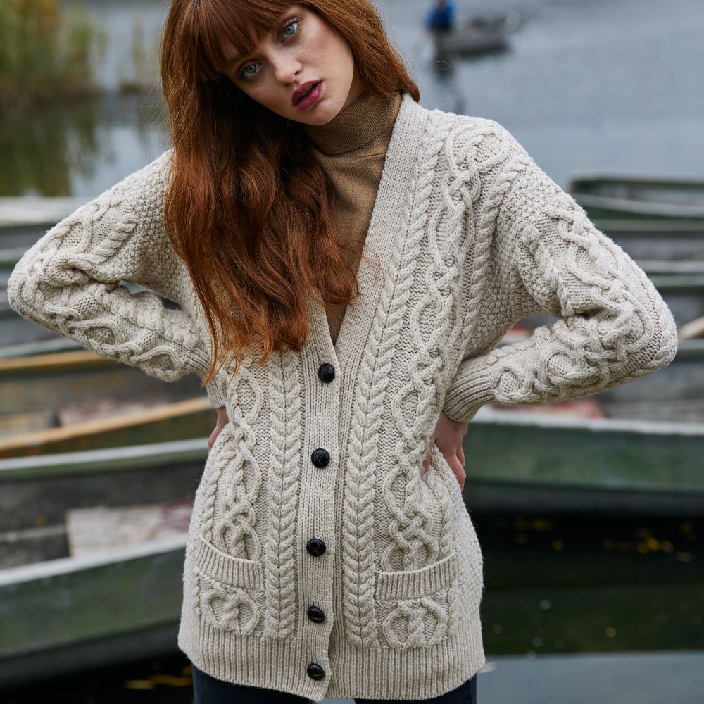 Ladies Merino Wool V-Neck Aran Parsnip Lifestyle Cardigan Creative Irish Gifts