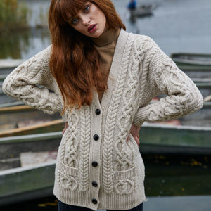 Ladies Merino Wool V-Neck Aran Parsnip Lifestyle Cardigan Creative Irish Gifts