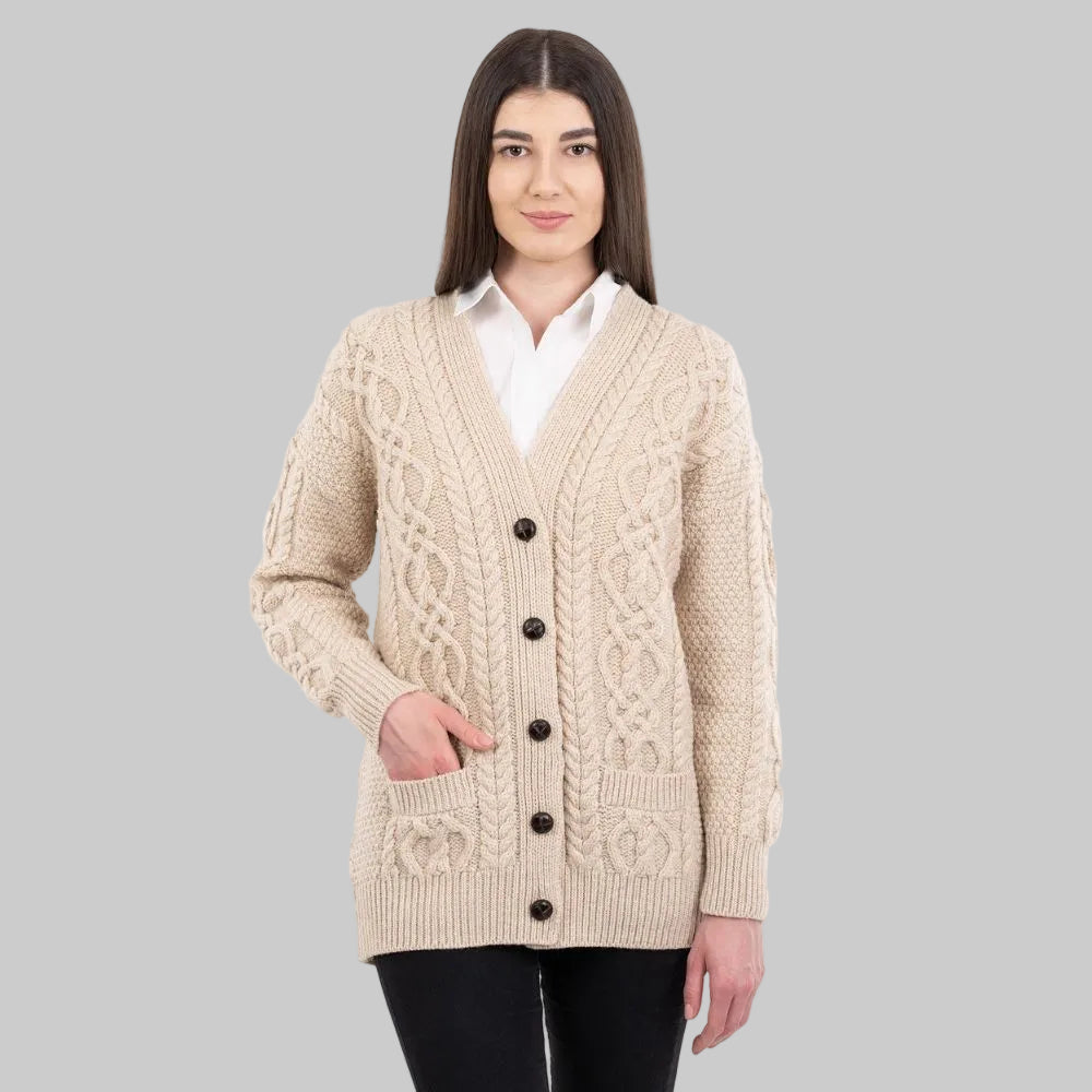 Ladies Merino Wool V-Neck Aran Parsnip Front View Cardigan Creative Irish Gifts