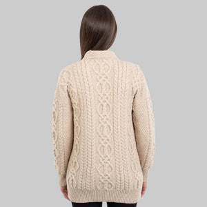 Ladies Merino Wool V-Neck Aran Parsnip Back View Cardigan Creative Irish Gifts