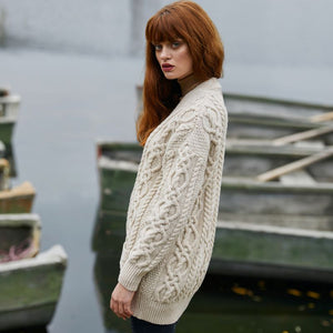 Ladies Merino Wool V-Neck Aran Parsnip Lifestyle Side View Cardigan Creative Irish Gifts