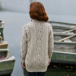Ladies Merino Wool V-Neck Aran Parsnip Lifestyle Back View Cardigan Creative Irish Gifts