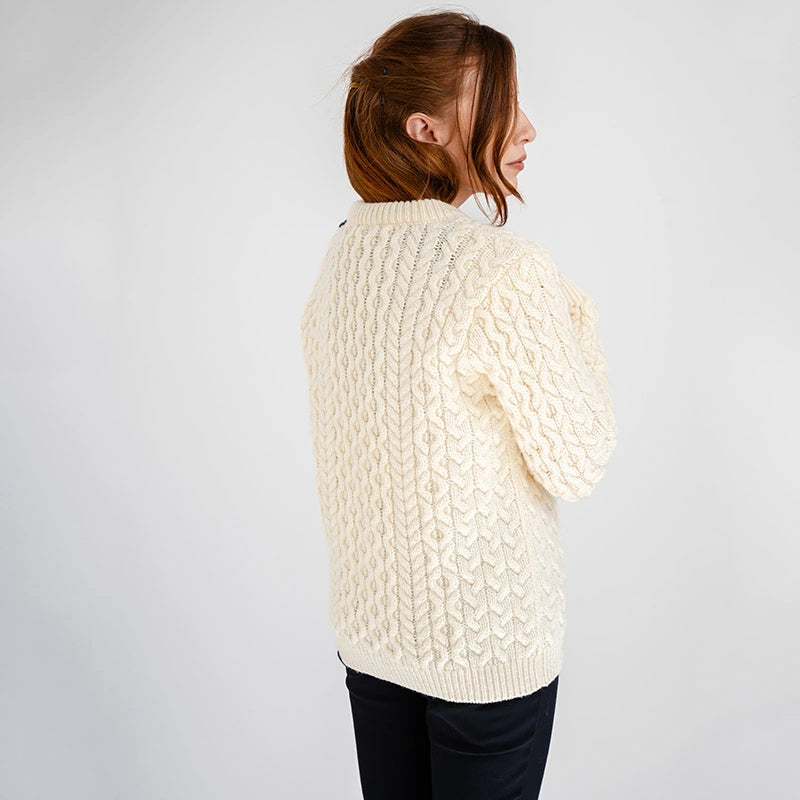 ML157-100 Women's Honeycomb Stitch Irish Sweater, Natural Side Back View Creative Irish Gifts
