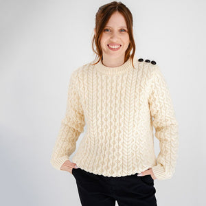 Women's Aran Honeycomb Stitch Sweater White Front View Creative Irish Gifts