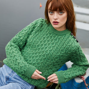 ML157-105 Women's Honeycomb Stitch Aran Sweater, Green Creative Irish Gifts
