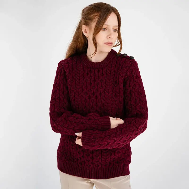 ML157-108 Women's Honeycomb Stitch Aran Sweater, Wine Creative Irish Gifts
