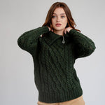 Women's Zipper Neck Aran Knit Sweater, Green Studio Creative Irish Gifts
