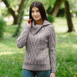 Women's Zipper Neck Aran Knit Sweater, Grey Lifestyle Creative Irish Gifts