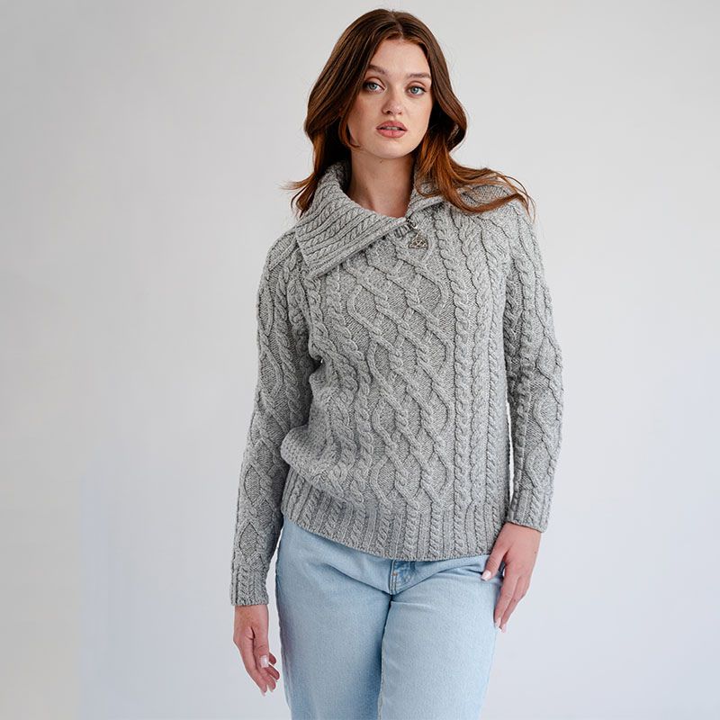 Women's Zipper Neck Aran Knit Sweater, Grey Creative Irish Gifts