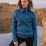 Women's Zipper Neck Aran Knit Sweater, Blue Lifestyle Creative Irish Gifts