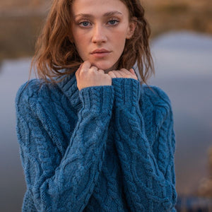 Women's Zipper Neck Aran Knit Sweater, Blue Front Lifestyle Creative Irish Gifts