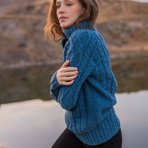 Women's Zipper Neck Aran Knit Sweater, Blue Side View Creative Irish Gifts