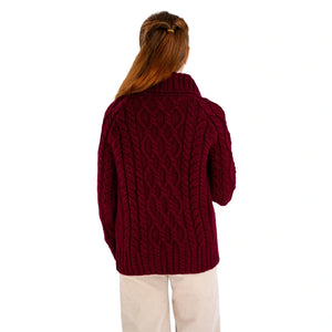 ML160-108 Women's Zipper Neck Aran Knit Sweater, Wine Back View Creative Irish Gifts
