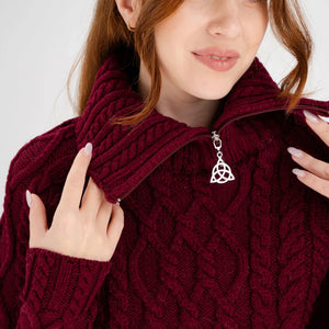 ML160-108 Women's Zipper Neck Aran Knit Sweater, Wine Close Up  Creative Irish Gifts
