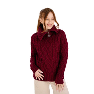 ML160-108 Women's Zipper Neck Aran Knit Sweater, Wine Creative Irish Gifts
