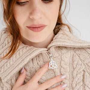 ML160-109 Women's Zipper Neck Aran Knit Sweater, Parsnip Close Up Creative Irish Gifts
