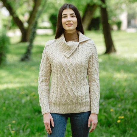 Women's Zipper Neck Aran Knit Sweater, Parsnip Lifestyle Creative Irish Gifts