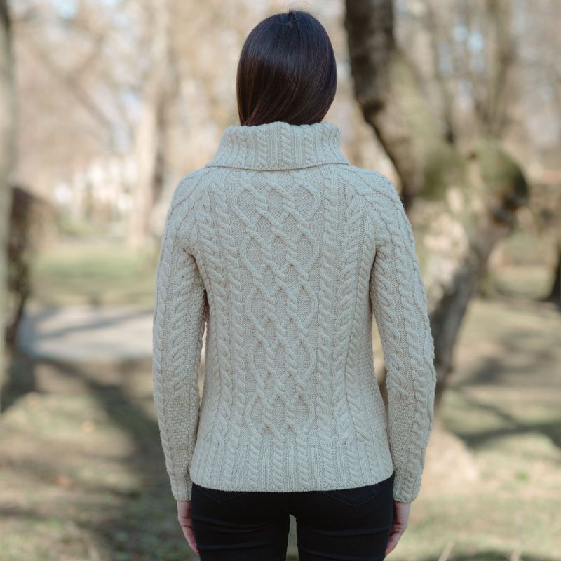 Women's Zipper Neck Aran Knit Sweater, Parsnip Back View Creative Irish Gifts